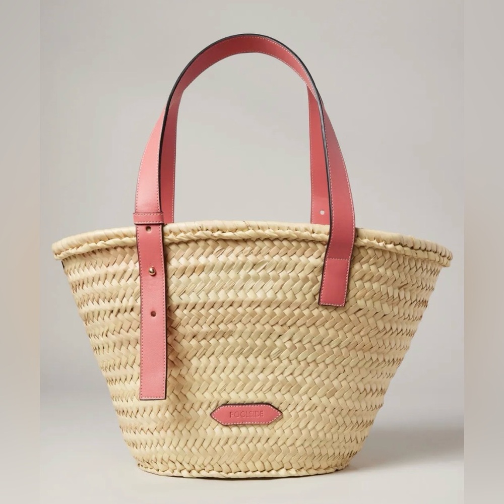 Poolside Essaouira Medium Woven Palm Straw Tote Bag Pink Leather Handles